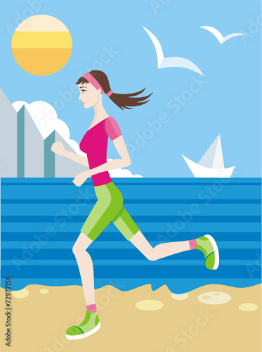 Girl in a sports uniform jogging on beach