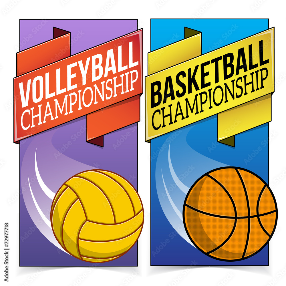 Basketball and volleyball banners isolated on white.