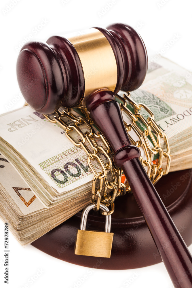 money chain  and judge gavel isolated on white
