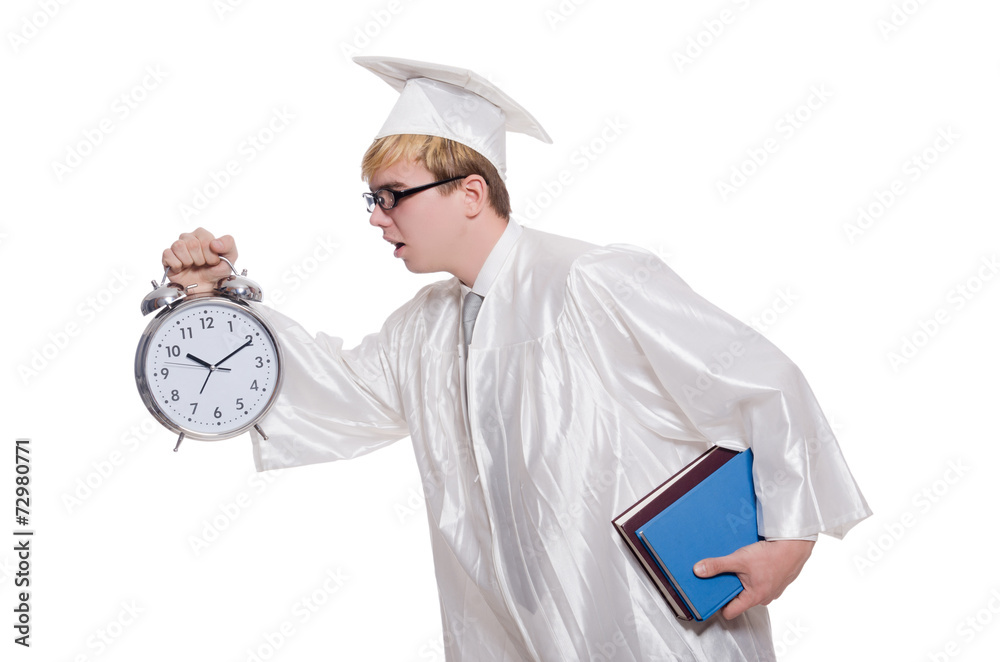 Student missing his deadlines with clock on white Student missing his deadlines with clock on white