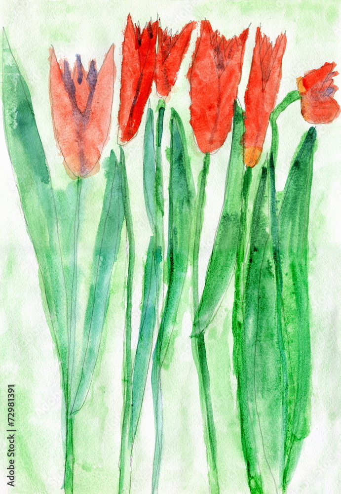 Child Drawing of Red Tulip Flowers, Watercolor