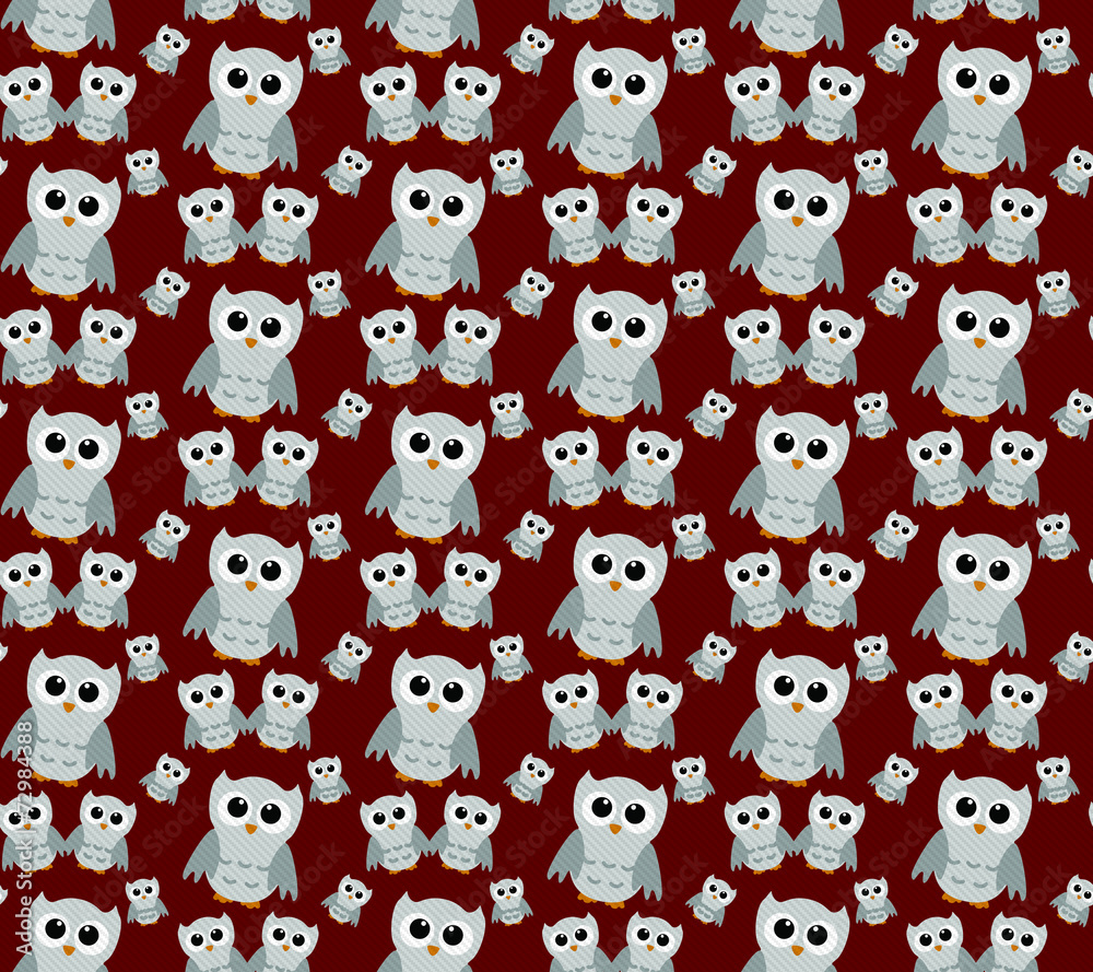 Gray Owls on Red Textured Fabric Repeat Pattern Background