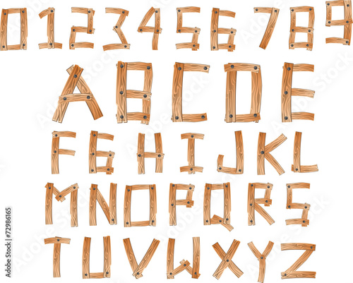 Illustration of wood alphabet A to Z and numbers set 0 to 9