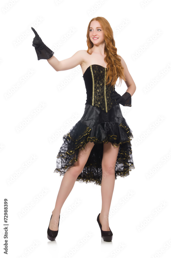 Woman pressing virtual button isolated on white