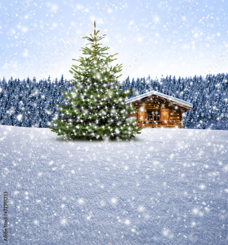 Schihütte mit Weihnachtsbaum bei Schnee
