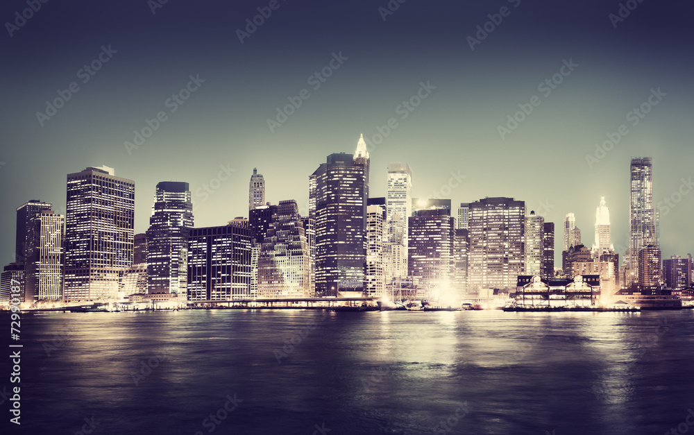 New York City Panorama Night Concepts - obrazy, fototapety, plakaty 