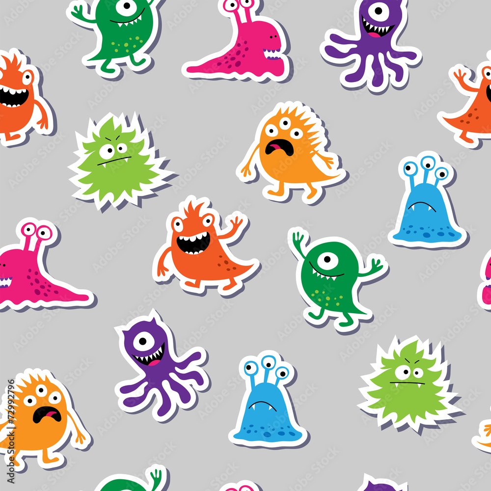 Seamless pattern with colorful appliques monsters