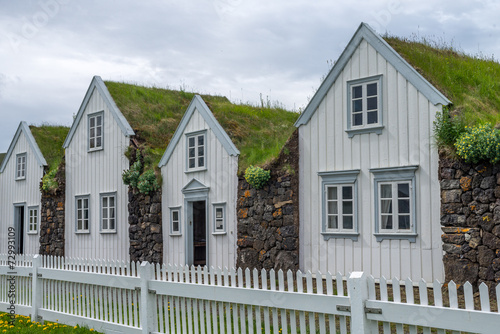 Old traditional Icelandic homes with roofs covered with grass.