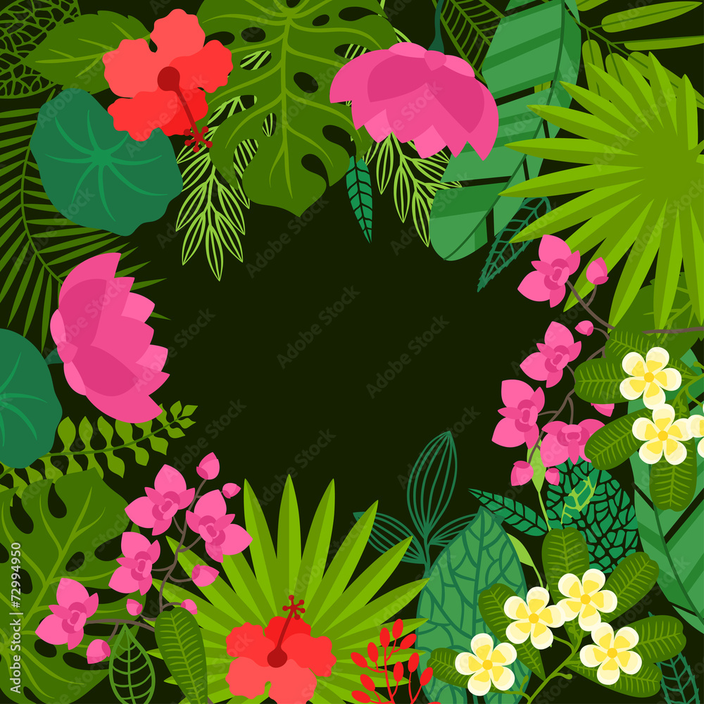 Obraz premium Background of stylized tropical plants, leaves and flowers.