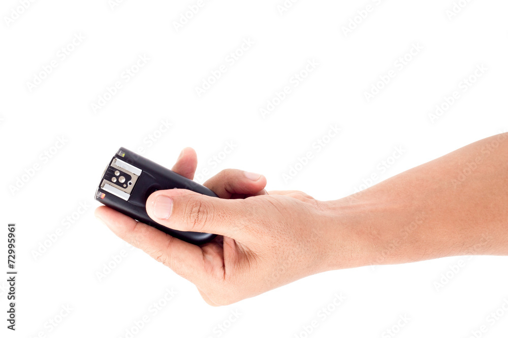 Wireless Flash Trigger in hand, Isolate on white background Wireless Flash Trigger in hand, Isolate on white background