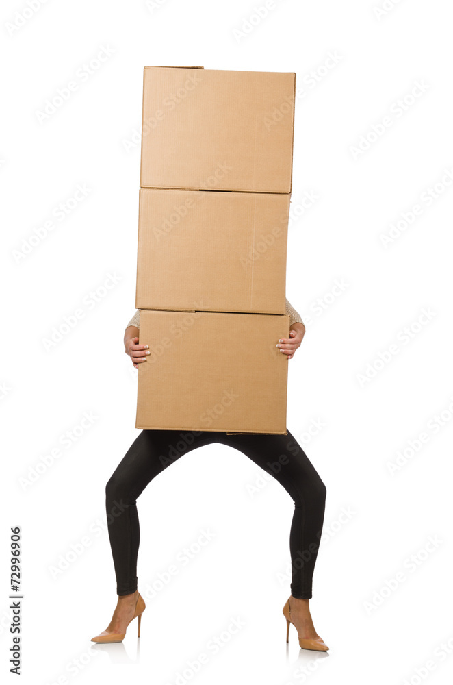 Woman with boxes relocating to new house isolated on white