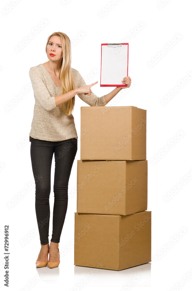 Woman with boxes relocating to new house isolated on white Woman with boxes relocating to new house isolated on white