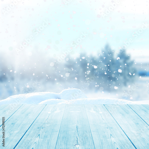 christmas winter background with wooden planks