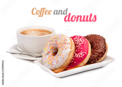 Three donut and cup of coffee isolated