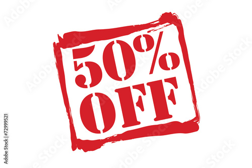 50% OFF red rubber stamp vector over a white background.