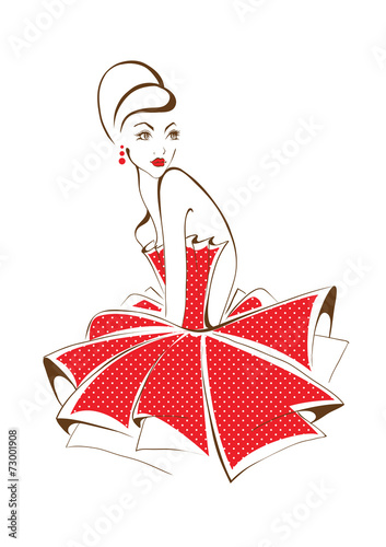 young beautiful woman posing, isolated over white, retro styling