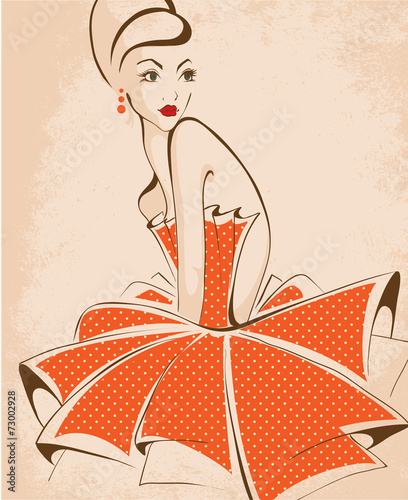 young beautiful woman posing, isolated over white, retro styling