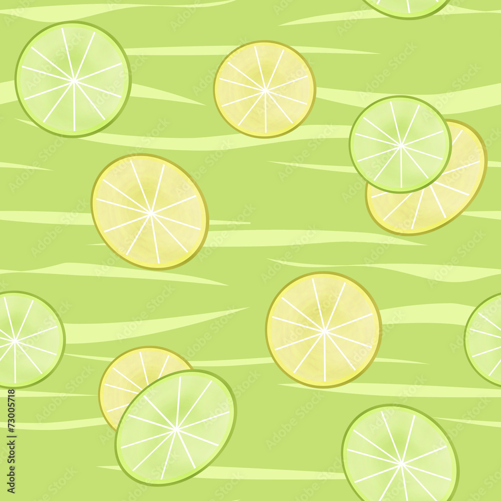 Lime and lemon slices seamless pattern splash on green backgroun Lime and lemon slices seamless pattern splash on green backgroun