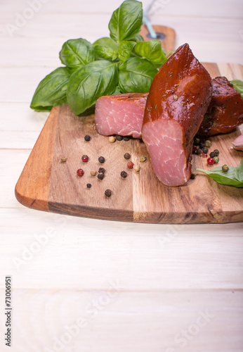 Natural prepared slow food. Smoked pork sirloin with herbs