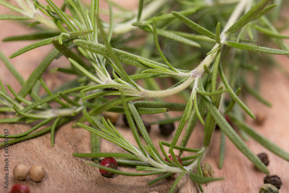 Rosemary bound with pepper and garlic on a wooden board Rosemary bound with pepper and garlic on a wooden board