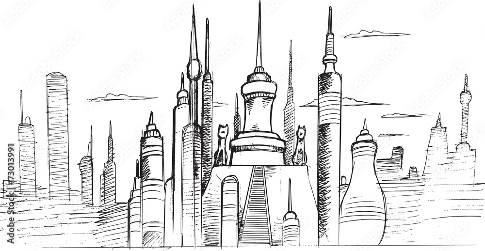 Fototapeta premium City Skyline Sketch Vector Drawing Illustration Art