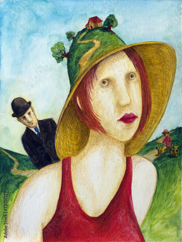 lady in a red dress and a strange hat
