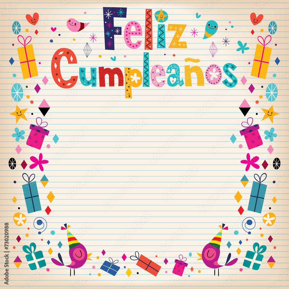 Feliz Cumpleanos - Happy Birthday in Spanish border retro card vector de Adobe Stock