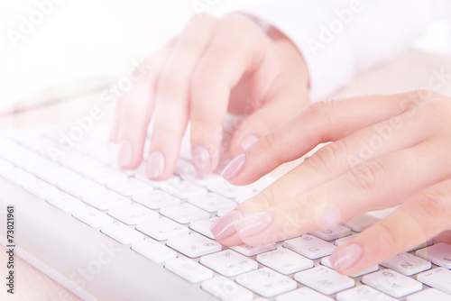 Female hands typing on keyboard on light background