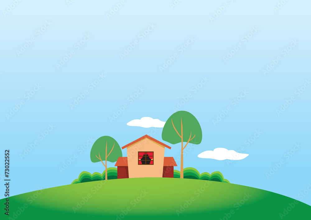 Cartoony Stule Country House and Trees on Grassland