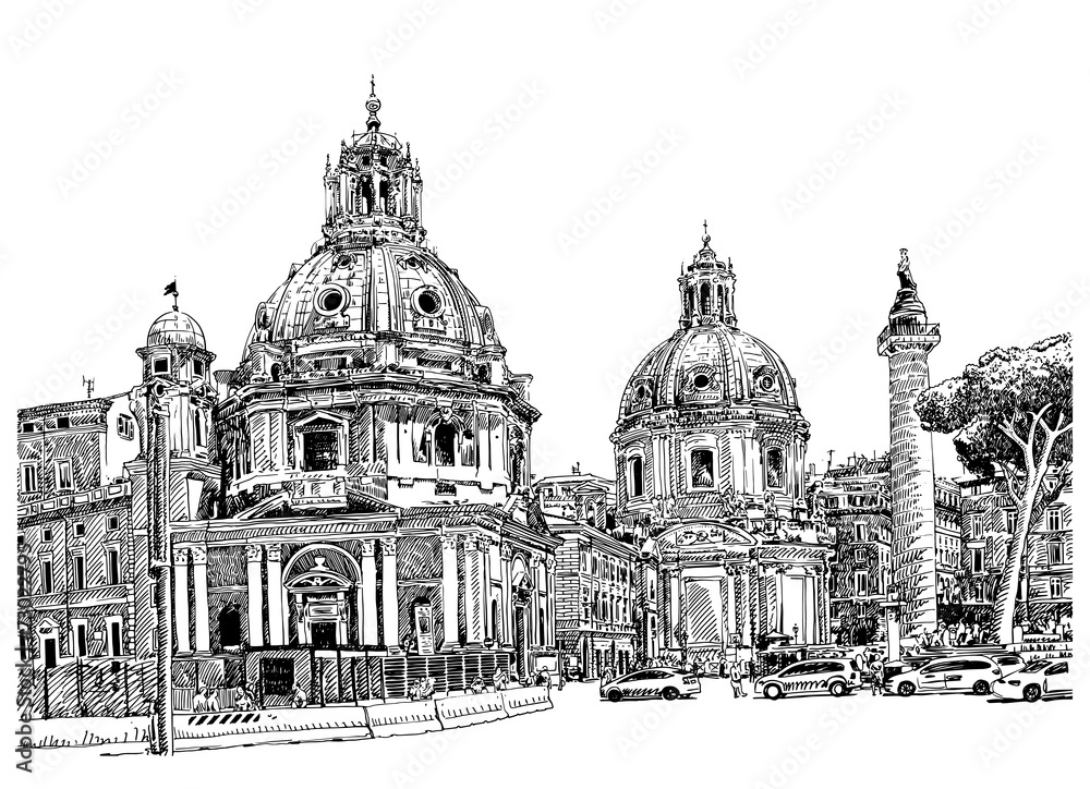 black and white digital drawing of Rome Italy cityscape
