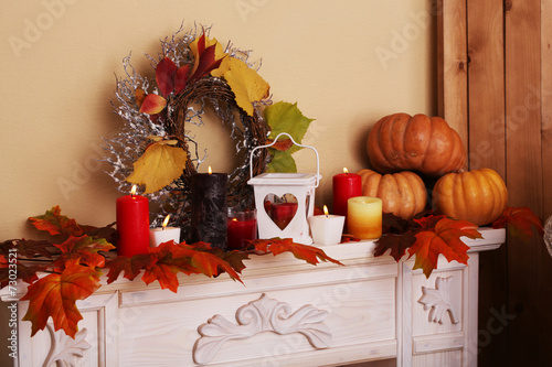 Fototapeta Naklejka Na Ścianę i Meble -  Festive autumn decor on fireplace