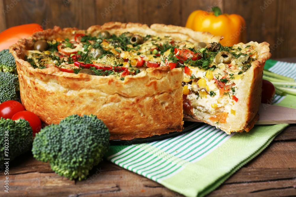Vegetable pie with broccoli, peas, tomatoes and cheese Vegetable pie with broccoli, peas, tomatoes and cheese