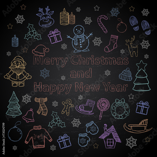 Happy New Year and Merry Christmas color set on a chalk board
