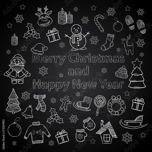 Happy New Year and Merry Christmas set on a chalk board