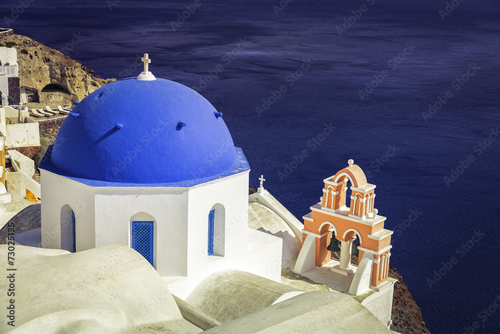 Santorini Island scene with  blue dome churches, Greece