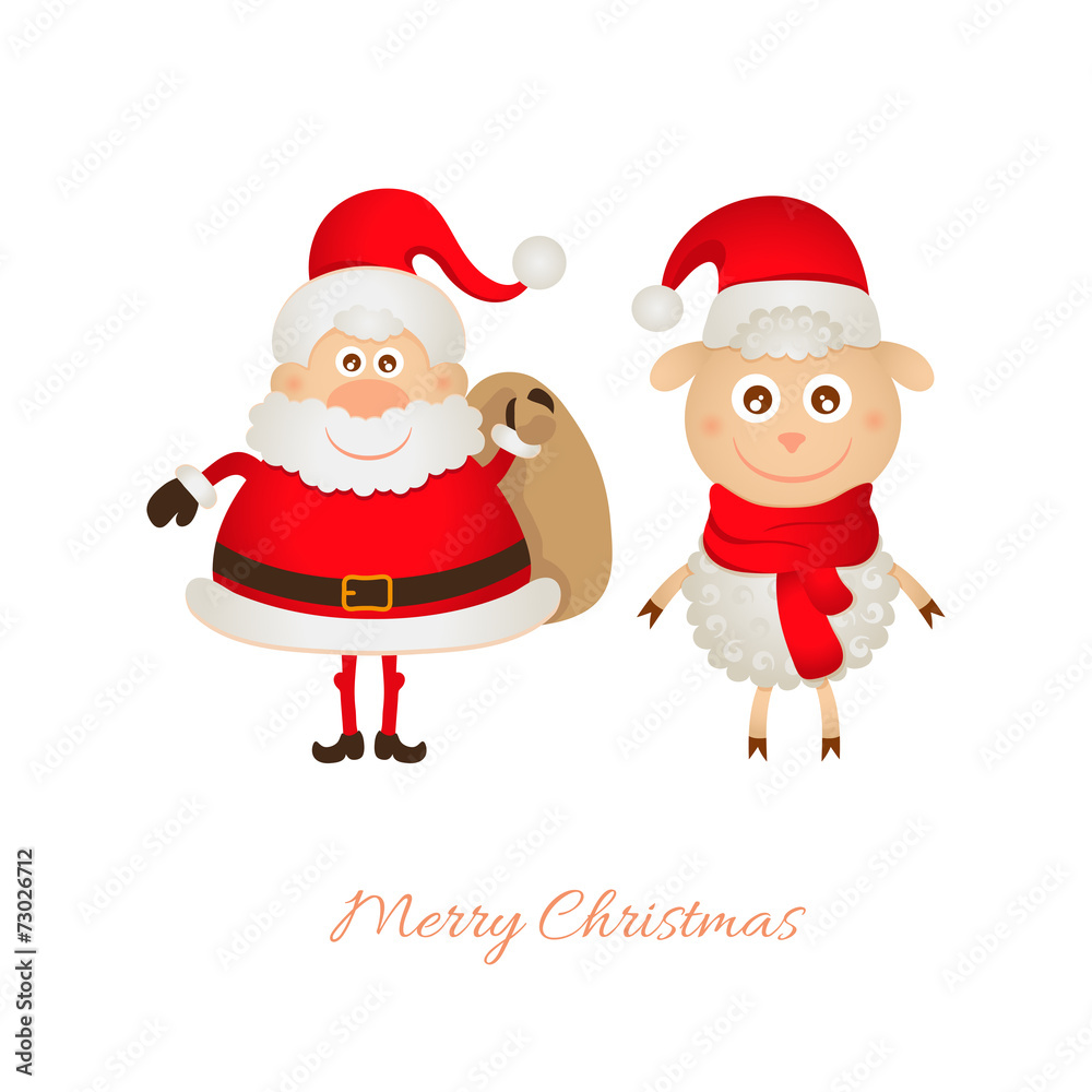 Santa Claus with a bag of gifts and sheep Santa Claus with a bag of gifts and sheep