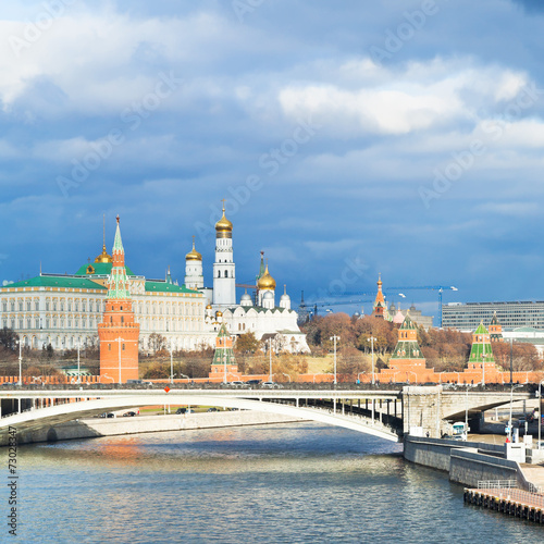 sun illuminated Moskva River and Moscow Kremlin