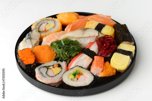 Set of Sushi Roll Japanese food on wood tray