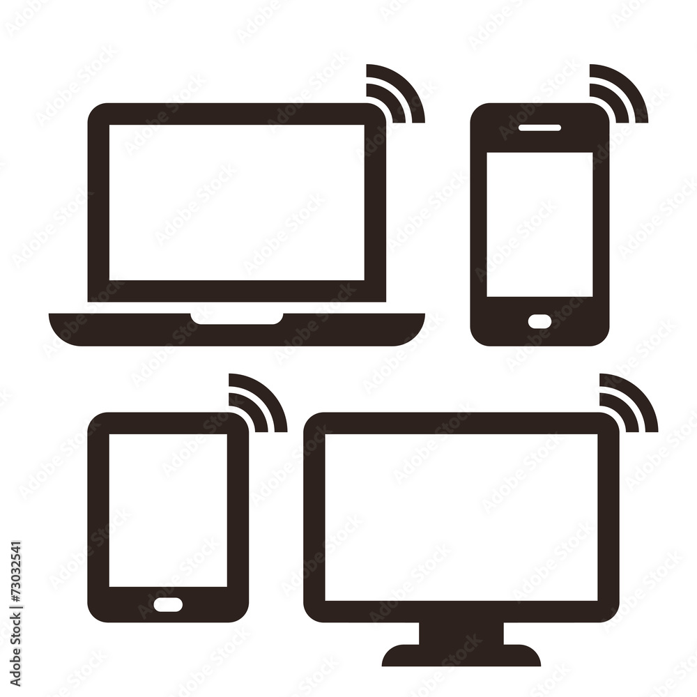 Laptop, mobile phone, tablet, monitor and wireless network icon Laptop, mobile phone, tablet, monitor and wireless network icon