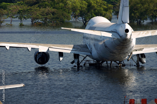 Airplane and flooded water damage at Airport Bangkok, Thailand