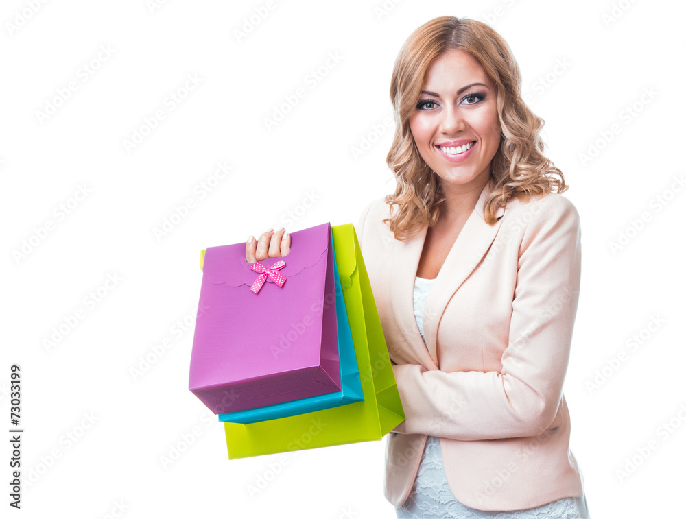 Happy smile blond woman with shopping bags Happy smile blond woman with shopping bags