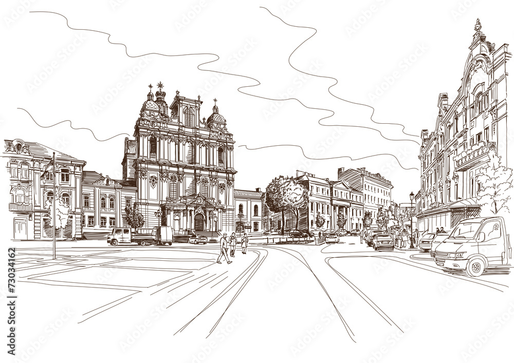 Vector drawing of central street of old european town, Vilnius