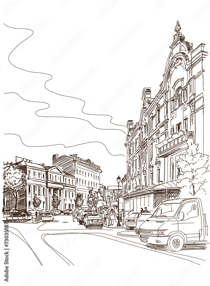 Vector drawing of central street of old european town Vilnius