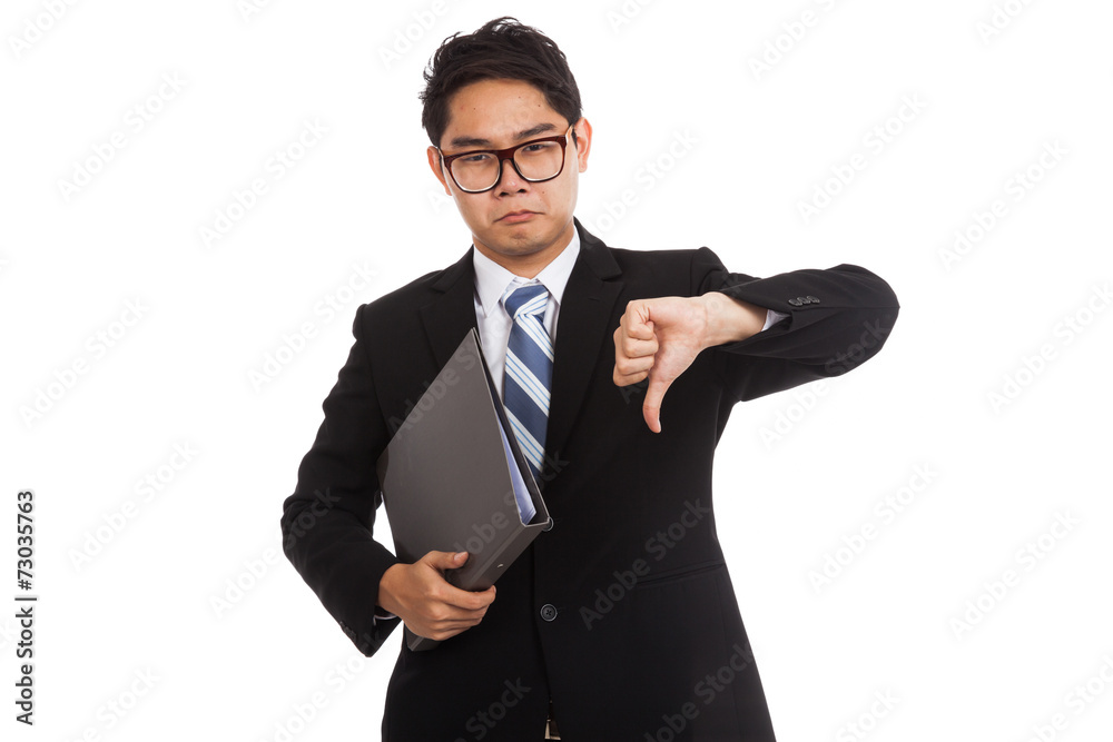 Asian businessman in bad mood thumbs down hold folder Asian businessman in bad mood thumbs down hold folder