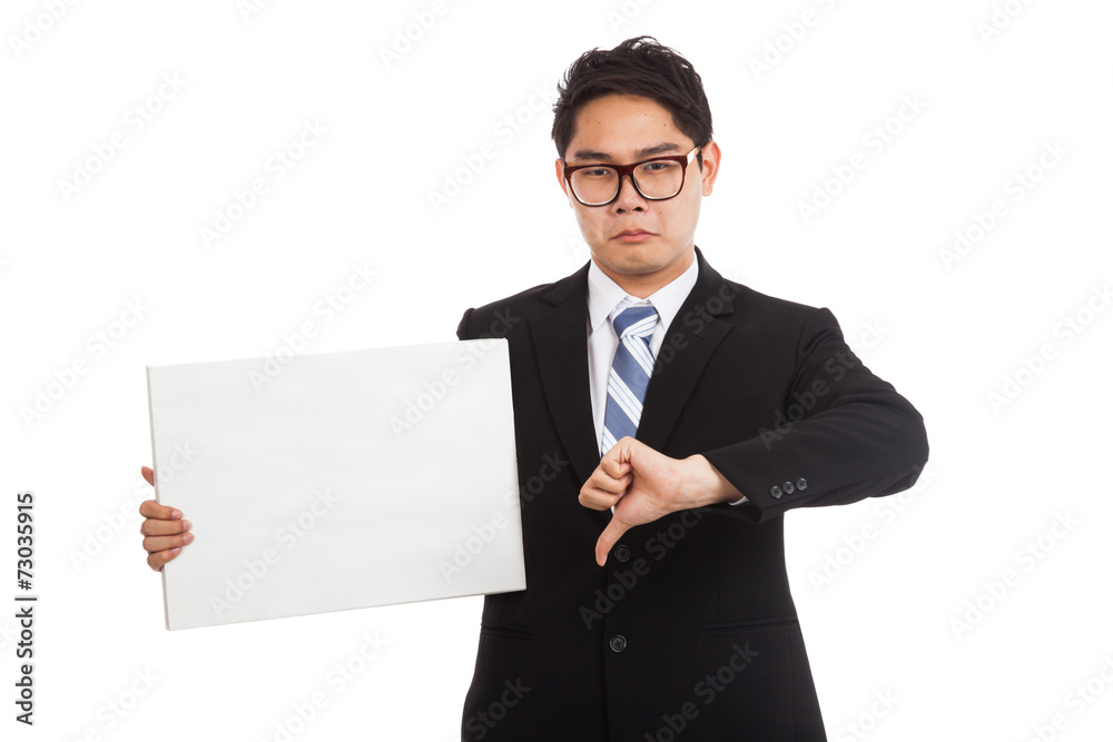 Asian businessman in bad mood thumbs down hold blank sign Asian businessman in bad mood thumbs down hold blank sign