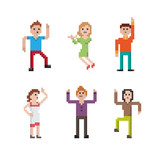 Collection of funny pixel art dancing people in different poses