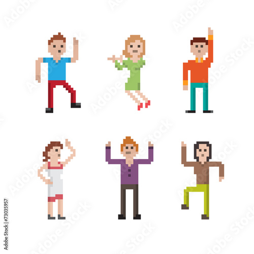 Collection of funny pixel art dancing people in different poses