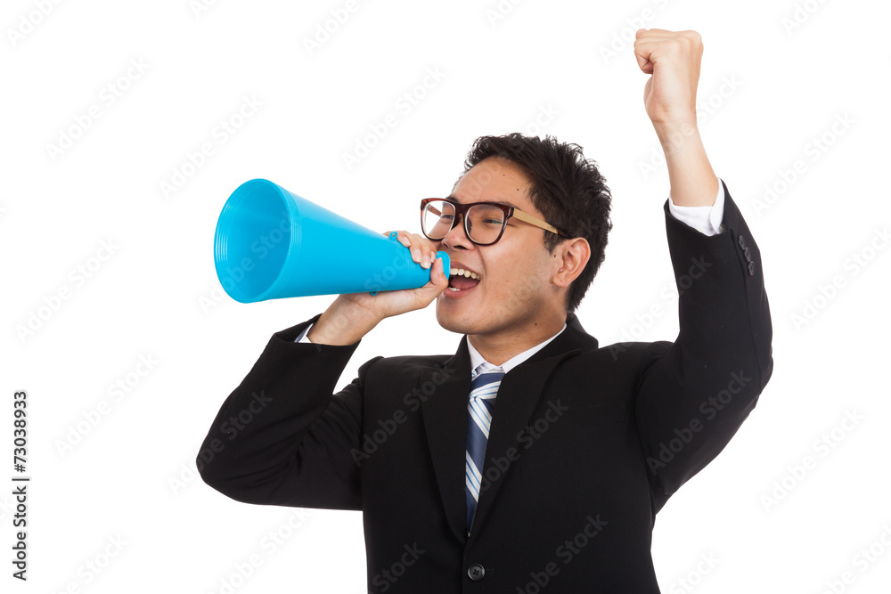 Asian businessman annouce his success with megaphone Asian businessman annouce his success with megaphone