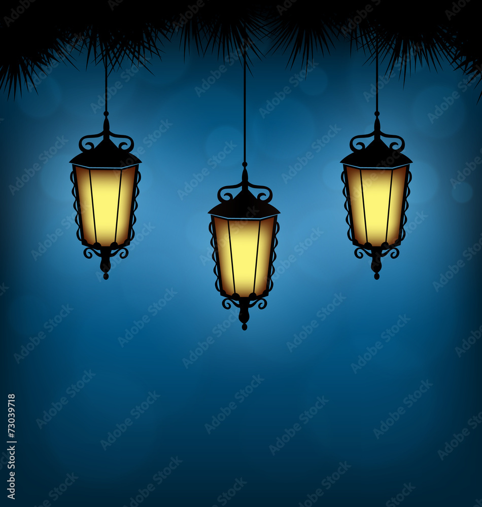 Three illuminated lanterns with pine branches on blue background Three illuminated lanterns with pine branches on blue background