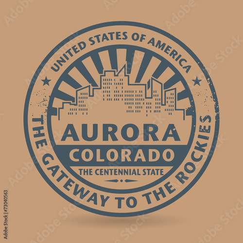 Grunge rubber stamp with name of Aurora, Colorado